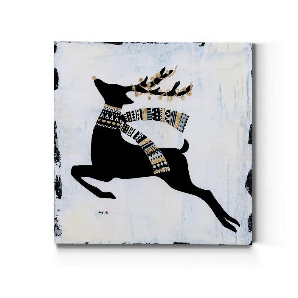 Renditions Gallery Christmas Reindeer Wall Art, Cute Winter Artwork, Black, Gold, & White, Tribal Patterns, Premium Gallery Wrapped Canvas Decor, Ready to Hang, 24 in H x 24 in W, Made in America