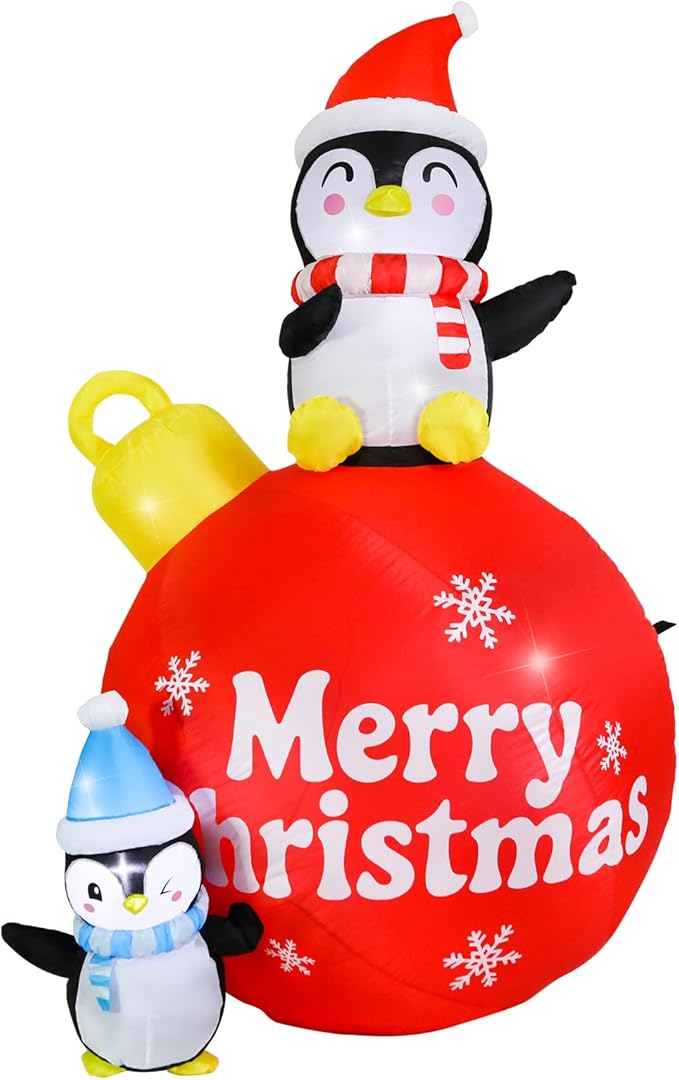 Vigdur Christmas Penguin Inflatable, 6FT Xmas Blow Up Holiday Ball Decoration with LED Lights, Outdoor Christmas Penguin Decoration for Yard Garden Lawn Winter Holiday Supplies Décor
