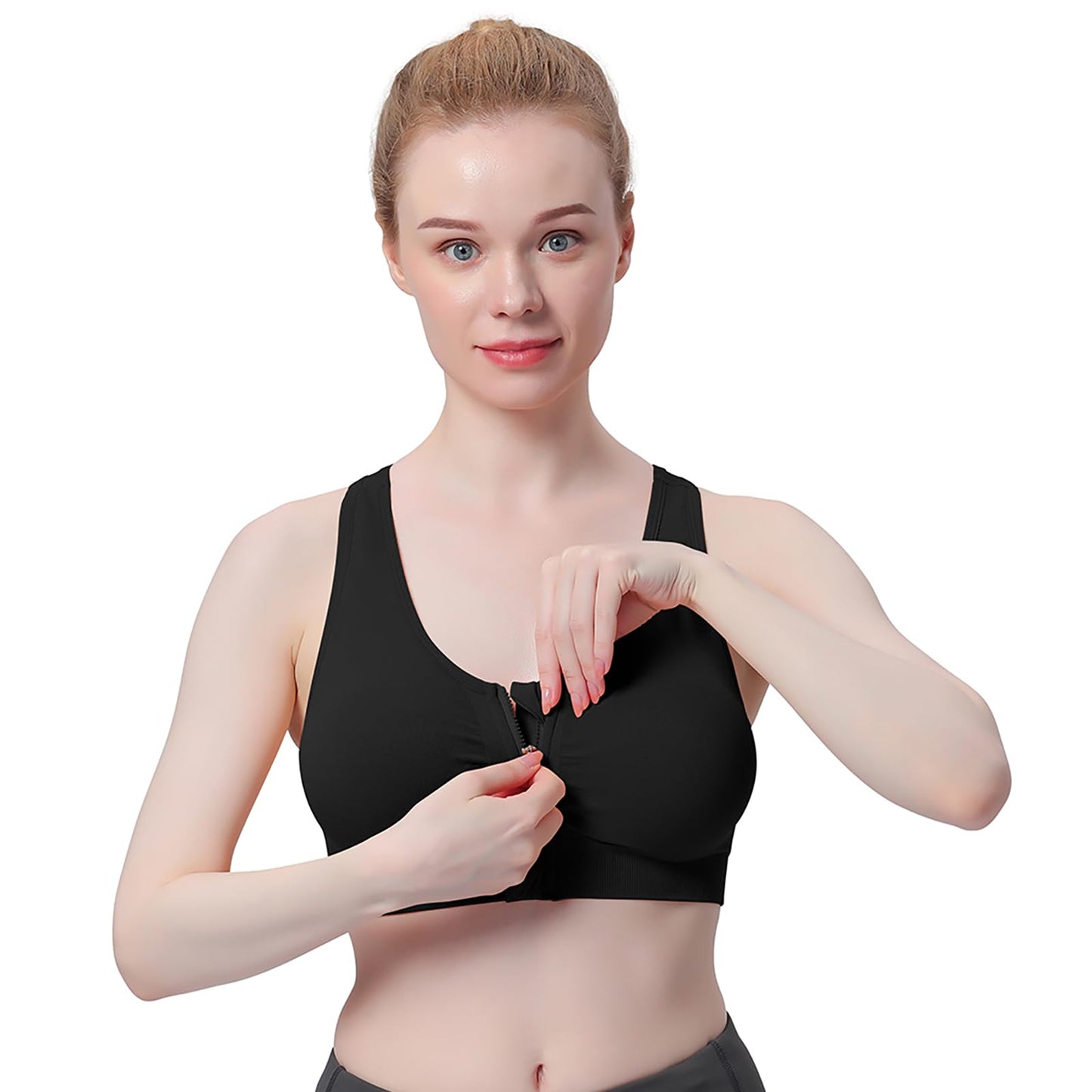 Women's Zip Front Sports Bra Wireless Post-Surgery Bra Workout Sports Bras