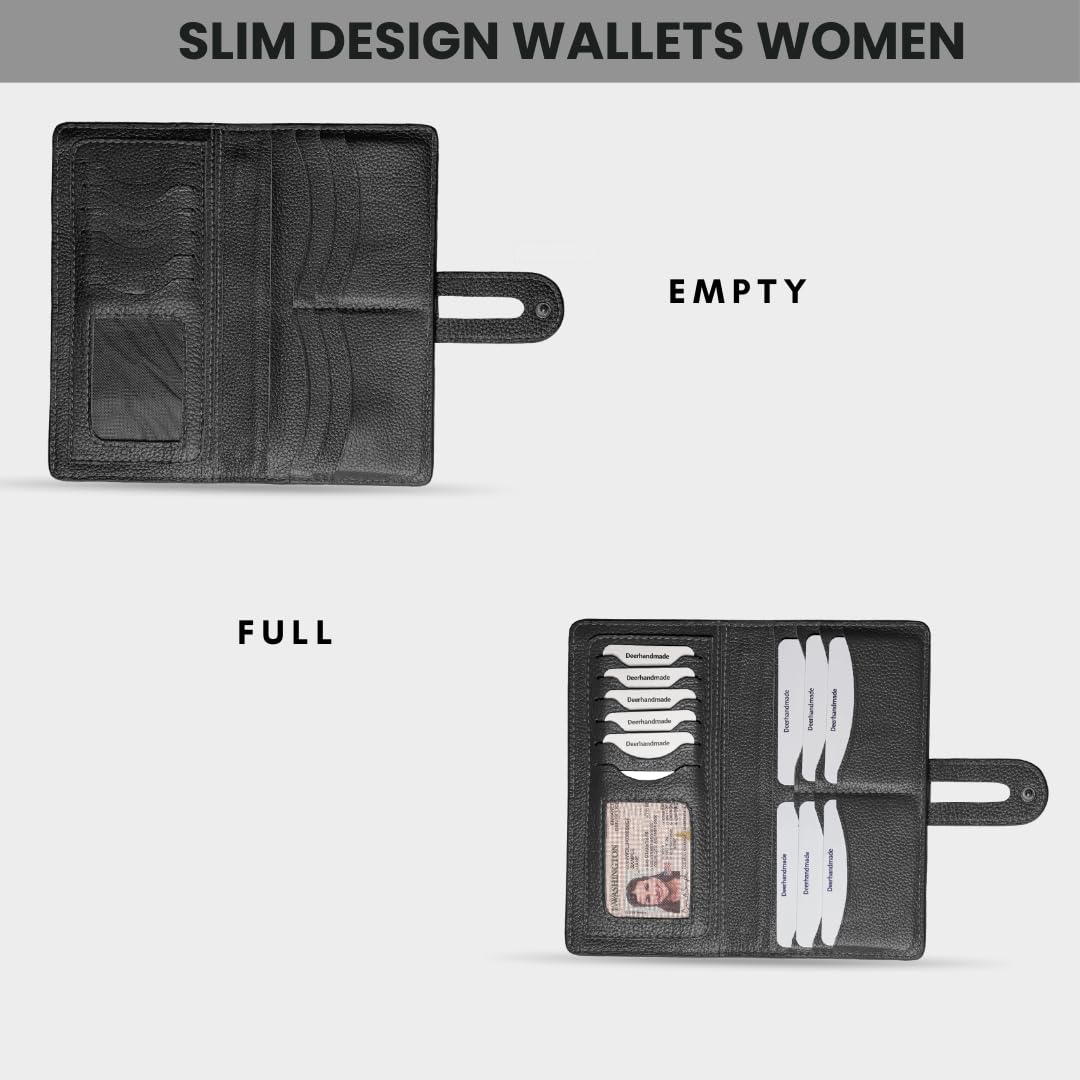 DEERHANDMADE womens wallet (Holds 15-18 Cards, 4 Flat Pockets, 1 ID Windows) Genuine Leather clutch purses for women | Slim long wallets for women | rfid blocking wallet (black wallet)