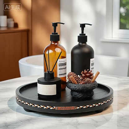 Decor Decorative Round Tray 11.81in for Home Decor for Coffee Table Farmhouse Kitchen Table Living Room Bathroom Centerpiece Tray Decor Black with Stripes