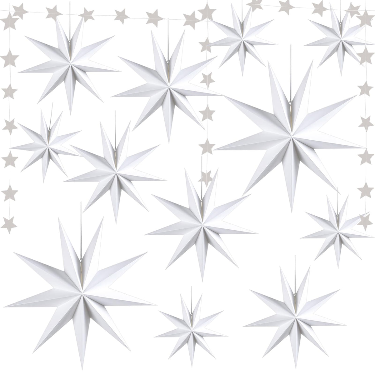 WNSIRVY 12 Pack 9-Pointed Large 3D Paper Star Lanterns with Star Garland Hanging Lanterns Lampshade for Themed Party, Home Wedding, Birthday Decorations (White)