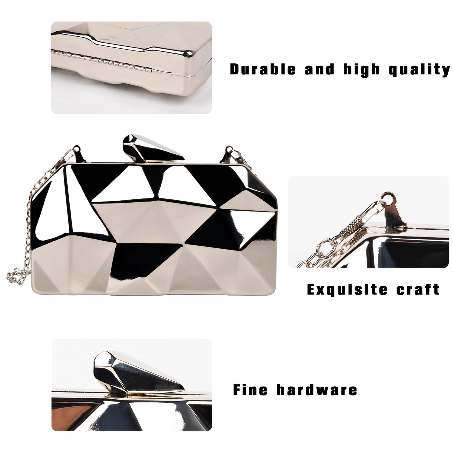 Women's Silvery Lattice Clutch Purses - Geometric Lattice Metal Evening Bag Golden Stone Cut Purse
