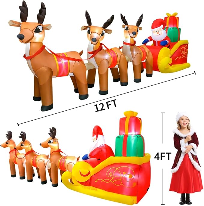 DomKom 12 FT Christmas Inflatable Outdoor Santa Claus on Sleigh with Three Reindeer, Building LED Lights, Blow Up Yard Decoration for Party Garden Lawn Winter Decor