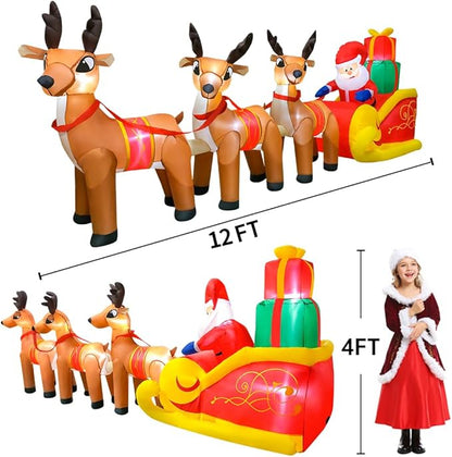 DomKom 12 FT Christmas Inflatable Outdoor Santa Claus on Sleigh with Three Reindeer, Building LED Lights, Blow Up Yard Decoration for Party Garden Lawn Winter Decor