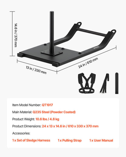 VEVOR Weight Sled, Steel Power Sled, Fitness Strength Training Pull Push Running Sled, Fitness Workout Sled Push Gym Equipment, Steel Power Sled with Harness, Compatible 1/2 in Weight Plates, Black