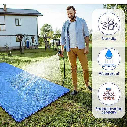 Huwena 50 Pcs Modular Interlocking Cushion Floor Tiles 10 x 10 Inch Non Slip Pool Floor Mat Blue Interlocking Rubber Draining Flooring Tiles with Hole for Drain Deck Patio Balcony Shower Kitchen