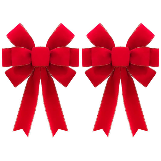 2pcs 16-Inch Velvet Red Bows for Christmas Tree, Handmade Christmas Bow Tree Topper-Gold Wire-Fluffy Sturdy Shape-Retaining, Gift Boxed & Ready-to-Use for Wreath Floral Fireplace Outdoor Car Garden