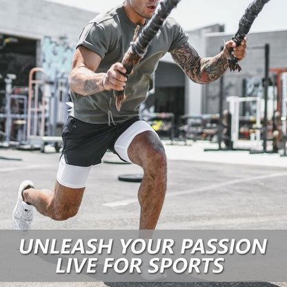 JWJ Men's 2 in 1 Workout Running Shorts 7 Inch Lightweight Athletic Gym Shorts with Compression Liner Camouflage Khaki L