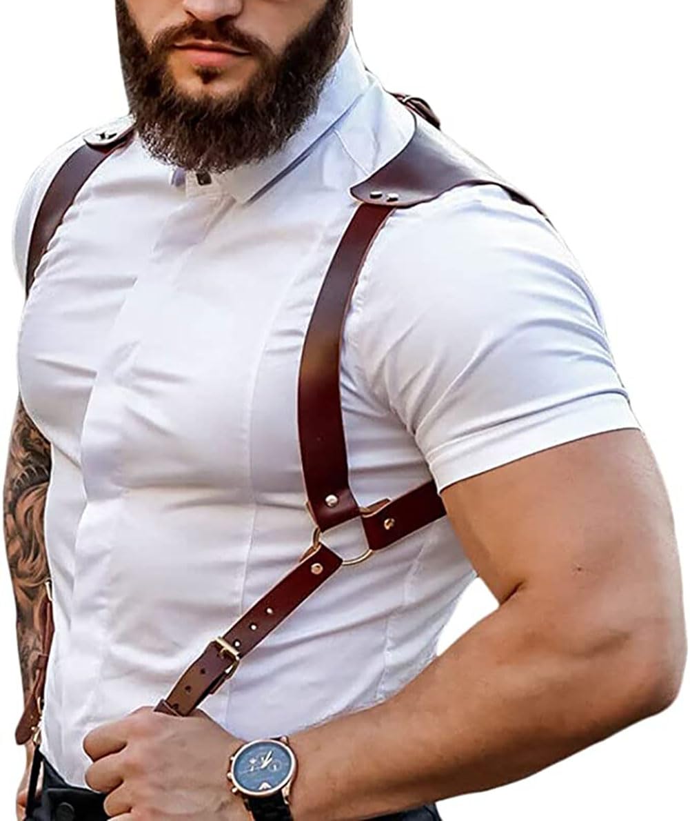 FTmgg@qq Men's Leather Body Chest Harness Suspenders Adjustable Buckle Shoulder Armors Straps Punk Black Belt Club Party Rave Costumes