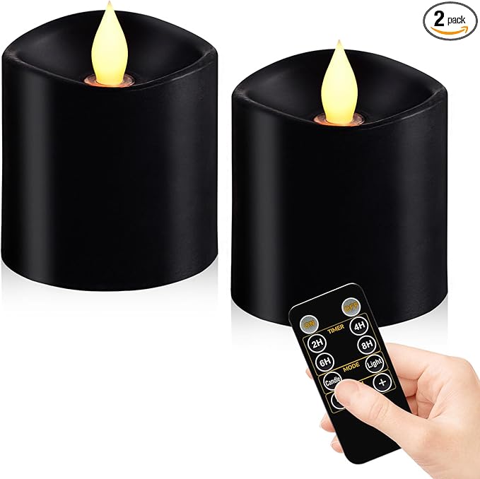 Black Flameless LED Candles, Black Battery Operated Candles with Remote Timer, 3"x3" Real Wax 2-Pack, 3D Flickering Flame Last 600+ Hours, Ideal for Halloween Christmas Gothic Home Decor
