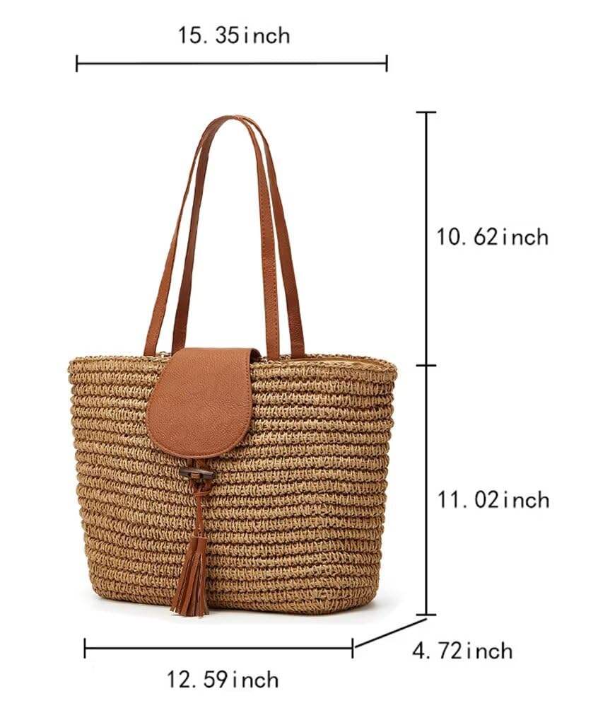 Summer Hand-woven Straw Shoulder Bags for Women Large Woven Beach Tote Purse Vacation Top Handle Handbags with Tassel
