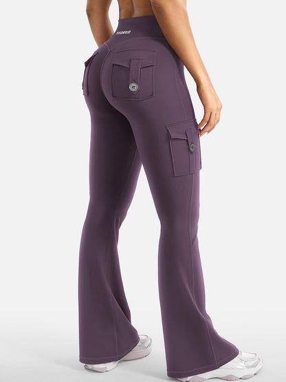YEOREO CoreFlex Women Workout Flare Leggings with Pockets Hidden Scrunch High Waisted Cargo Gym Yoga Leggings Dark Berry XS