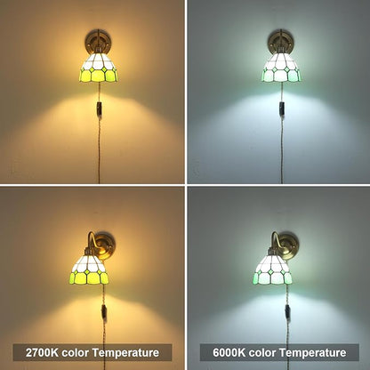 Plug in Wall Sconces Set of 2, Vintage Wall Lamps with Green White Checker Stained Glass Shade, Brass Lights Fixture Decor for Bedroom Bathroom Living Room Hallway