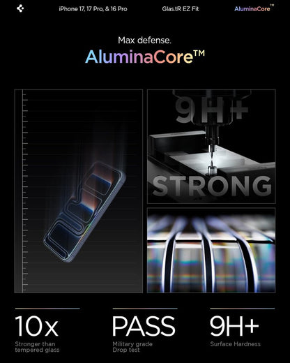 Spigen AluminaCore Tempered Glass Screen Protector [Glas.tR EZ Fit] designed for iPhone 17 Pro | iPhone 17 | iPhone 16 Pro [2 Pack] 9H+ Hardness, Aluminum-Enhanced Durability
