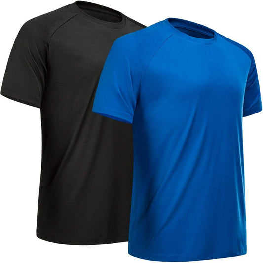 MCPORO Workout Shirts for Men Short Sleeve Quick Dry Athletic Gym Active T Shirt Moisture Wicking 2 Pack Black, Blue Medium