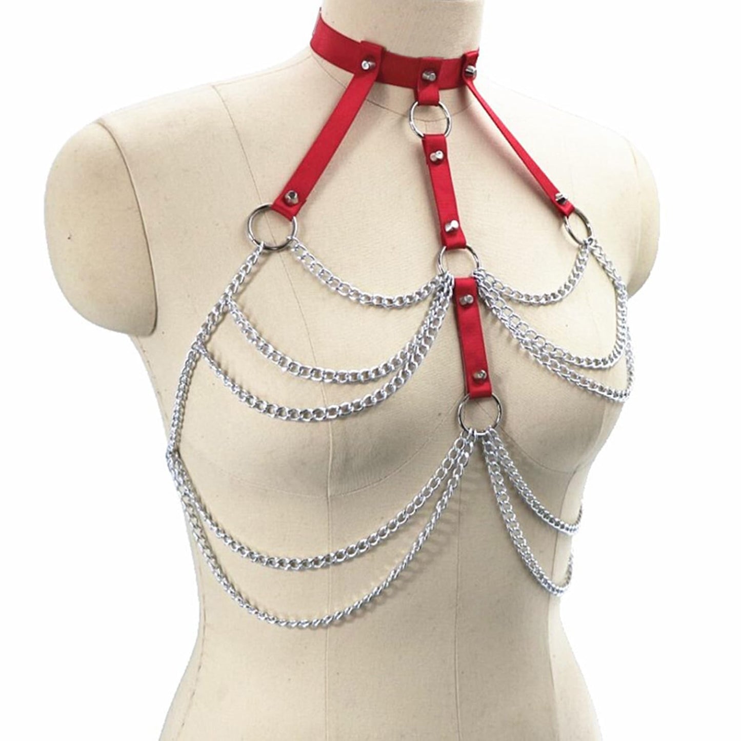 Adjustable Gothic Chest Chain for Women, Punk Faux Leather Body Chain Harness Waist Belt, Alternative Body Waist Chain Belly Bra Body Chain for Women (Red Chest Band)