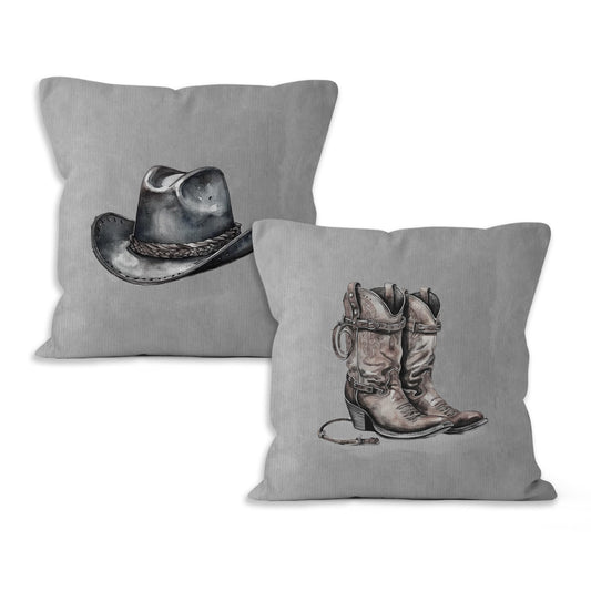 VRW Western Cowboy Hat Boots Throw Pillow Covers Set of 2, Classroom Pillow Covers, Rustic Grey Pillow Covers for Farmhouse Decor, Pillowcase for Western Home Decor Rustic, Western Gifts, 18x18