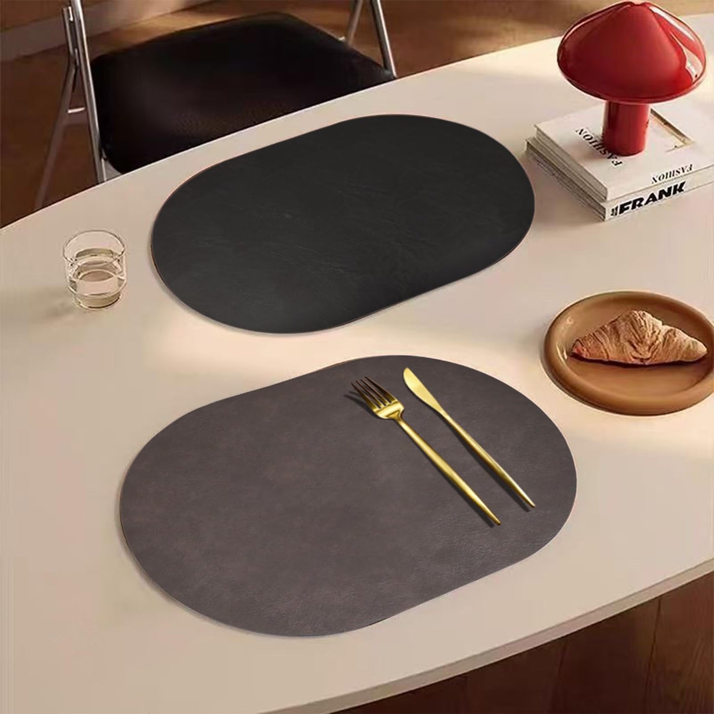 Oval Leather Placemats Set of 6 Washable,Heat Resistant Table Mats for Dining Table, Durable and Easy to Clean for Daily Use (Black Brown)