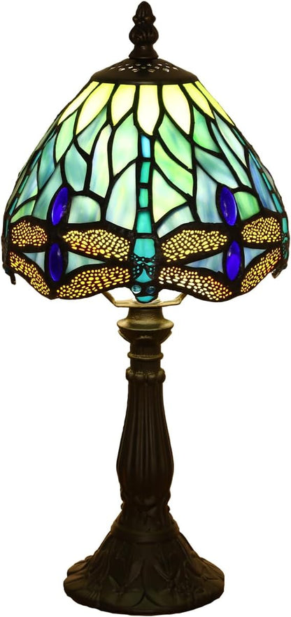 Small Tiffany Lamp 3 Color Temperature Blue Dragonfly Stained Glass Table Lamps 7X7X14 Inch Bedside Nightstand Night Light Desk Office Light for Living Room Bedroom W/LED E12 Bulb
