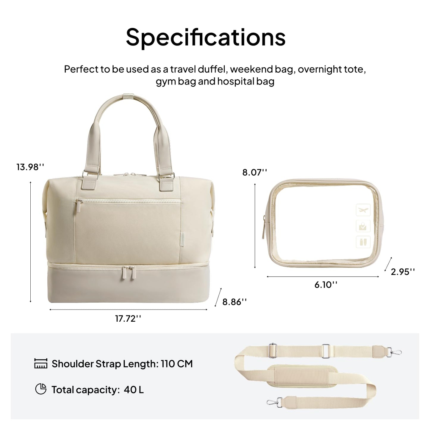 Travel Duffle Bag for Women, 40L Weekender Bags Airline Approved Carry On with Shoe Compartment & Waterproof Wet Pocket, Durable Nylon Weekender Overnight Bag for Travel, Gym, Business Trip, Beige
