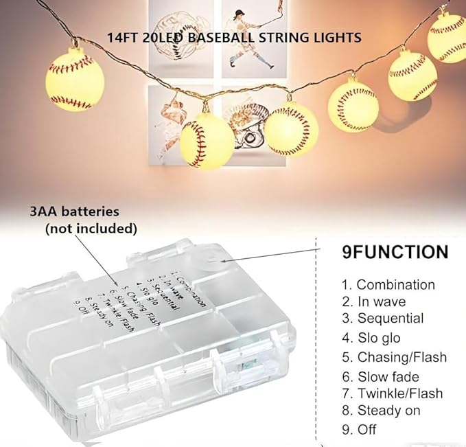 Baseball String Lights 20 LED 14FT Baseball Decor Battery Powered Indoor/Outdoor for Boys Room Ball Sport Theme Party Decorative,Birthday,Football Lovers Gift (Baseball String Lights)
