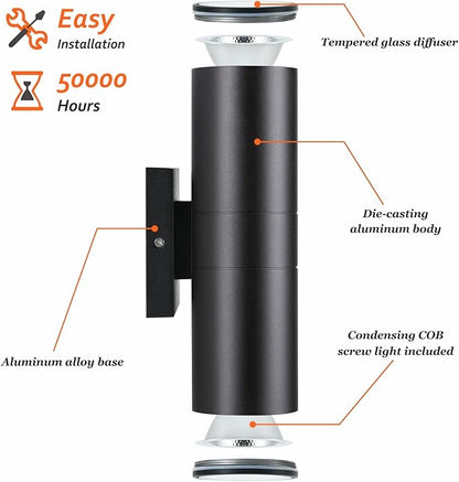 Outdoor Wall Lights 4Pack, Integrated LED Cylinder Up Down Lights, 12W 2700K Aluminum Exterior Wall Light, Outdoor Light Fixture for Porch Patio Door.(Matte Black)