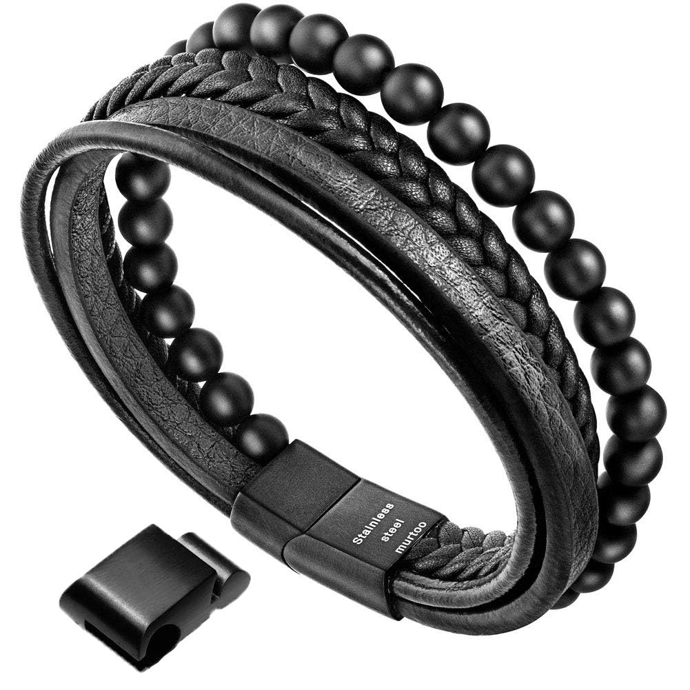 murtoo Mens Bead Leather Bracelet, Natural Bead, Steel and Leather Bracelet for Men Christmas Gift (black onyx bead)