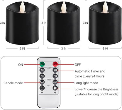 3x3 Flickering Flameless Candles Set of 3, LED Battery Candles Flickering,with Timer, 3 inch Flameless Candles with Remote,Battery Operated Candles, Holiday Home Decor for,Black