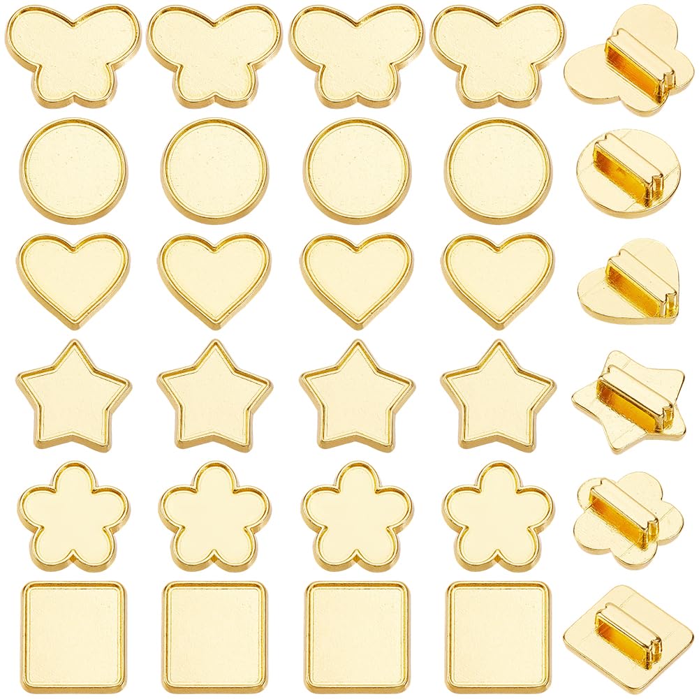 SUNNYCLUE 1 Box 48Pcs 6 Styles Bezel Tray Settings Gold Slider Charm Bulk Round Star Butterfly Heart Blank Trays Metal 8mm Hole Slide Beads for Bracelets Jewelry Making Supplies DIY Crafts Wristbands