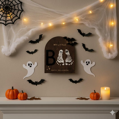 My Little Boo Wooden Halloween Sign – Baby Footprint Ghost Keepsake Plaque – Happy First Halloween Nursery Décor – Rustic Wooden Tabletop Sign for Newborn. Halloween baby