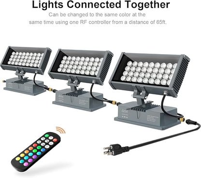 LED Wall Washer Light with RF Remote, RGBW Color Changing Linkable Wall Wash Flood Light 144W AC120V 5700K 14400LM Spotlight for Indoor Outdoor Lighting, Casinos, Weddings, Parties, Wall, Landscape
