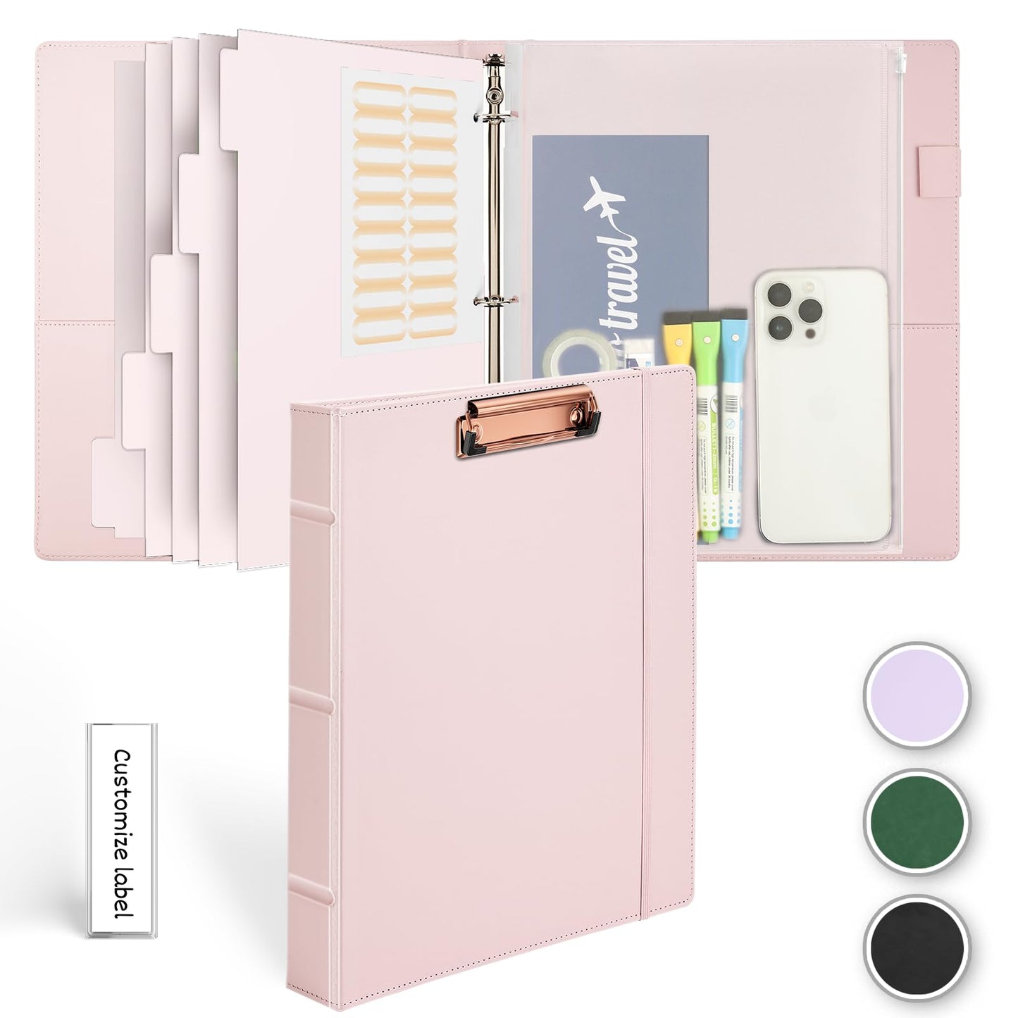 Etzul Hardcover 3 Ring 1 inch Leather Binder, Letter Size Binder Dividers with Tabs, PVC Zipper Pouch, Professional Organizer, Faux Rose Pink Leather