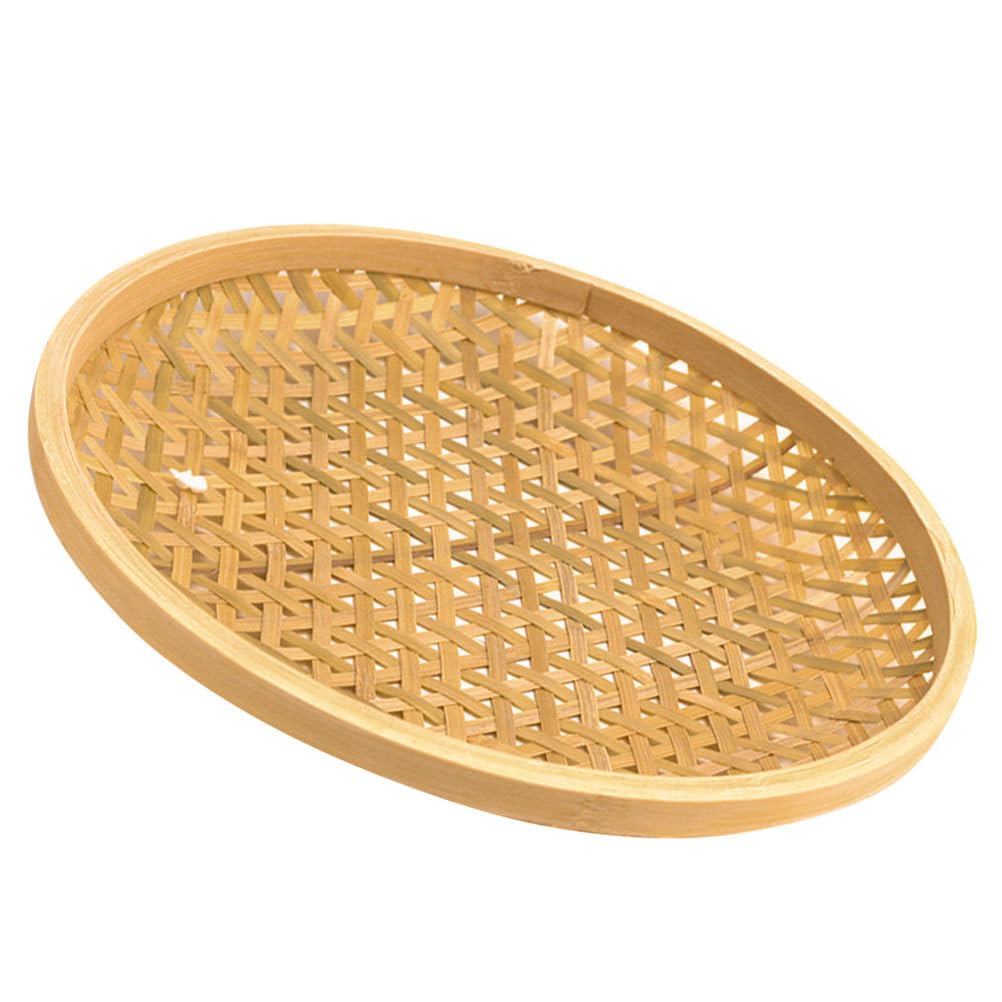 Kichvoe Bamboo Woven Serving Basket Tray 10.6 Inch Lightweight Flat Tray for Bread Snacks Fruit Storage and Home Picnic Party Use