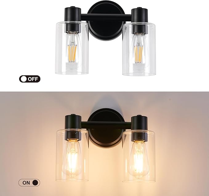 2 Light Bathroom Wall Light Fixtures Black Bathroom Wall Sconce with Clear Glass Lights Over Mirror Vanity Lights E26 Base