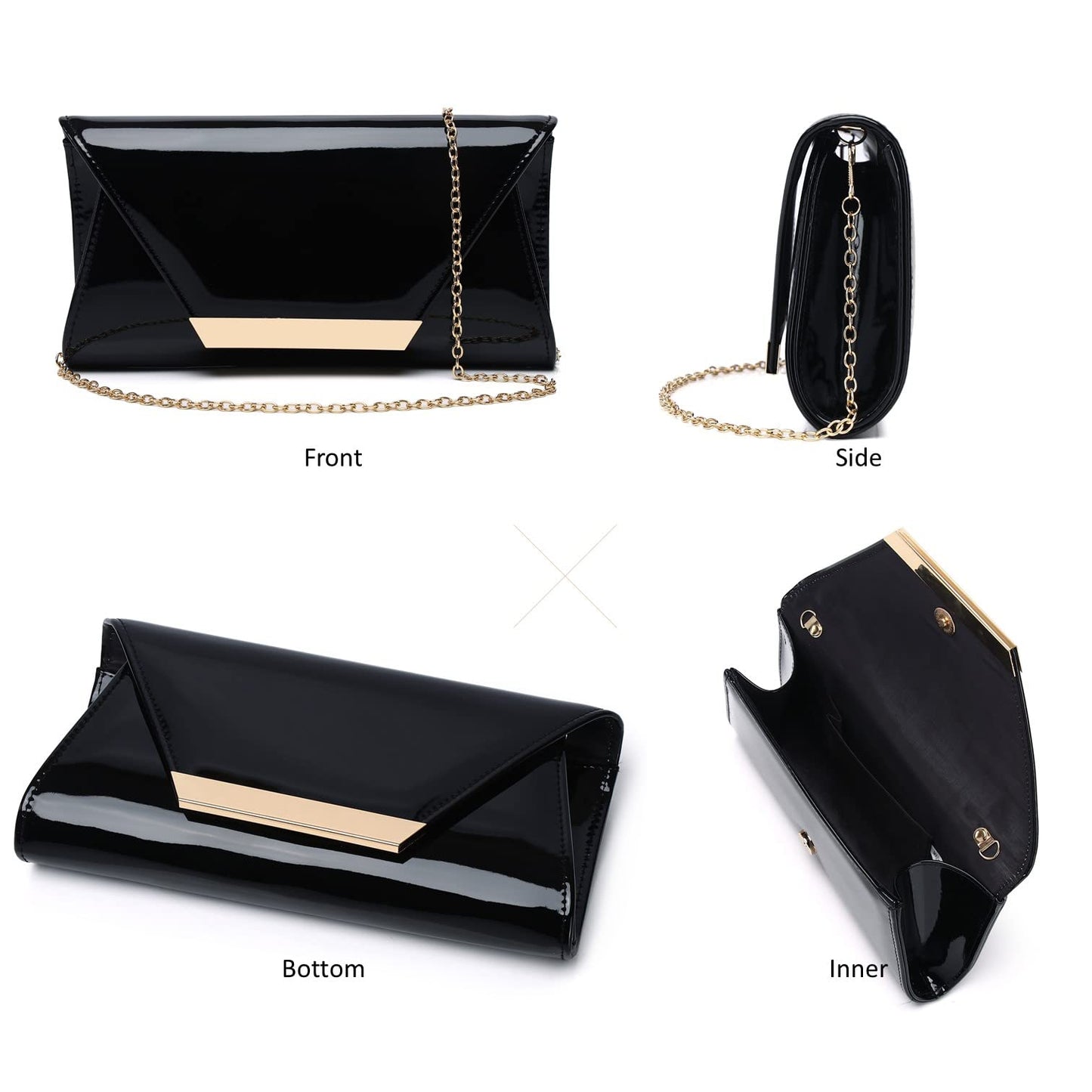 Patent Leather Envelope Clutch Womens Evening Handbag Stylish Shoulder Bag Purse for Christmas Wedding Party Prom(Black 265)