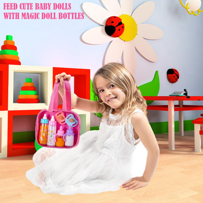 fash n kolor®, My Sweet Baby Disappearing Doll Feeding Set, Baby Care 6 Piece Doll Feeding Set for Toy Stroller | 2 Milk & Juice Bottles with 2 Toy Pacifier for Baby Dolls