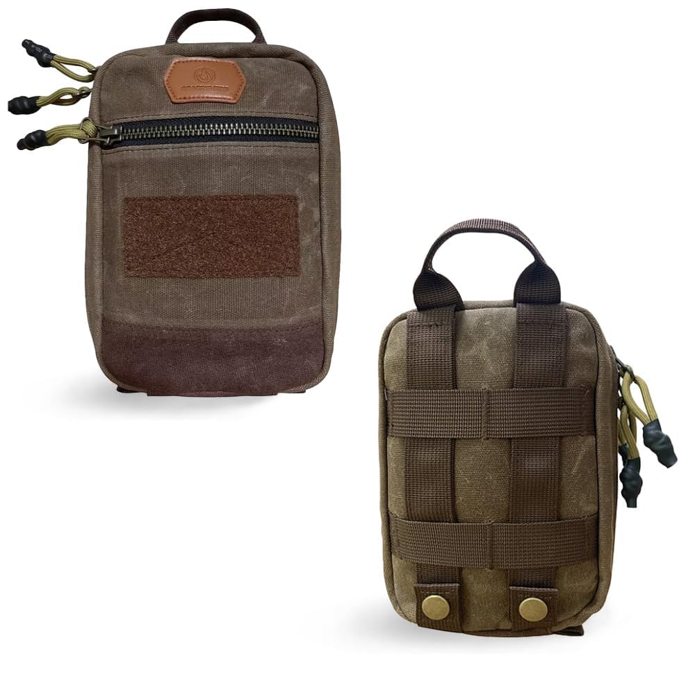 Roaring Fire Smolder Tactical EDC Pouch, Waxed Canvas with Brass YKK Zipper, MOLLE Organizer with Patch Panel for Range Bag, Daily Carry & Hiking Gear