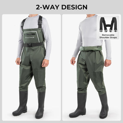Calamus WaveWalker Fishing Waders for Men & Women, 100% Waterproof PVC Chest Waders with Slip-Resistant Boots, Tear-Resistant Nylon, Ample Storage, Wader Hanger, Military Green, M5/W7