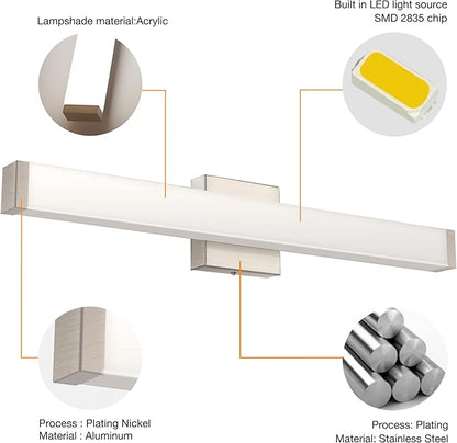 Bathroom Vanity Light Brushed Nickel Square LED 33.5inch 18W 4000K Natural White Light Wall Bar Lighting Fixtures Over Mirror