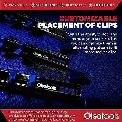 Olsa Tools Socket Organizer Set (3pc, Black) - Socket Holder and Socket Rail for 1/2-Inch, 3/8-Inch, and 1/4-Inch Drive Sockets - Holds 58 Chrome or Impact Sockets - Professional-Grade - Part: 1023