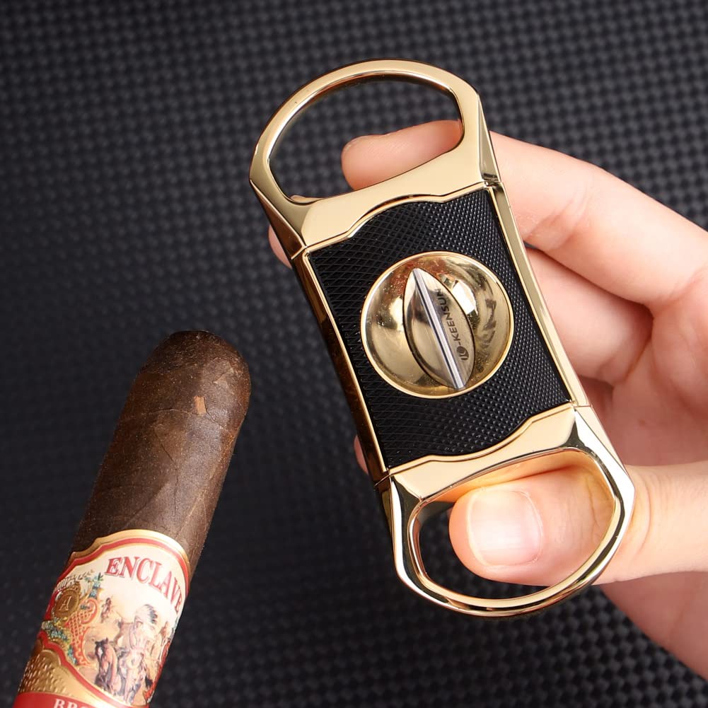 KEENSUN Zinc Alloy V-Cut Cigar Cutter (Gold and Black CNC Engraved Diamond Finish), 60 Ring Gauge, Stainless Steel Cut Blade with Leather Case, Cigar Holder and Gift Box