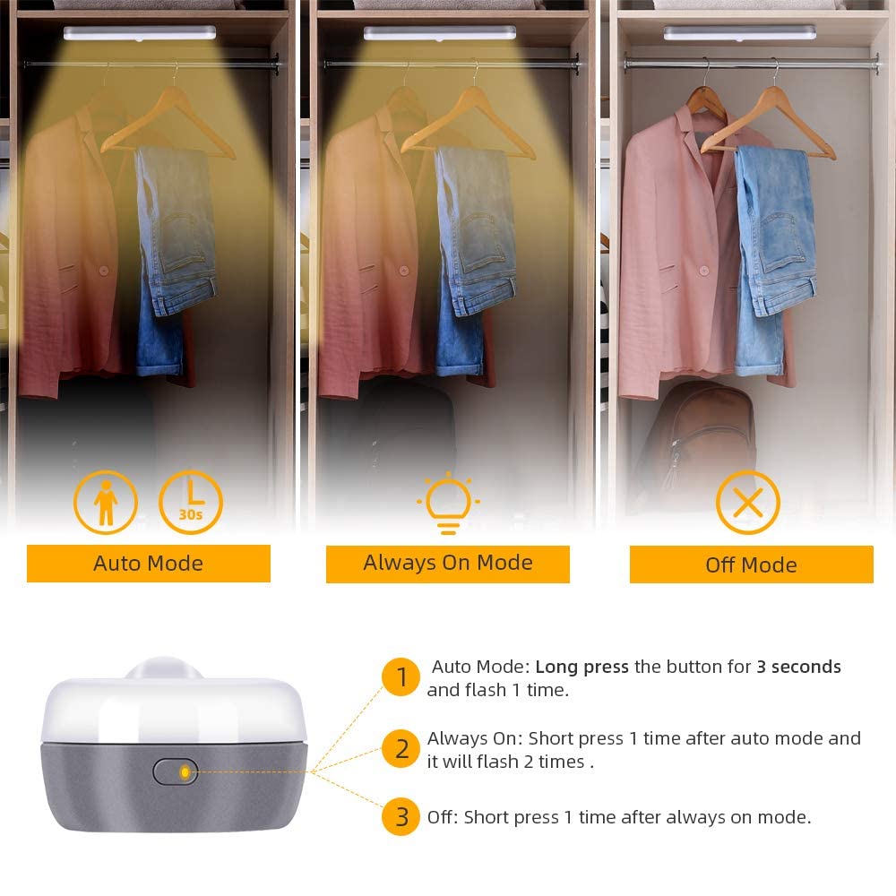 OUSFOT Cabinet Lighting 4 Pieces 20 LEDs Wireless Under Cabinet Light with Motion Sensor USB Rechargeable Battery Wardrobe Lighting Warm White Stick on for Cabinets, Stairs, Kitchen