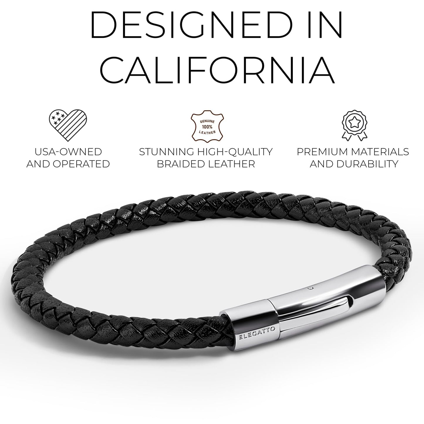Elegatto Elagio Premium Braided Leather Bracelet for Men | Full-Grain Braided Leather with Sterling Silver Polished Stainless Steel Clasp | Men’s Designer Bracelets | Extra Small