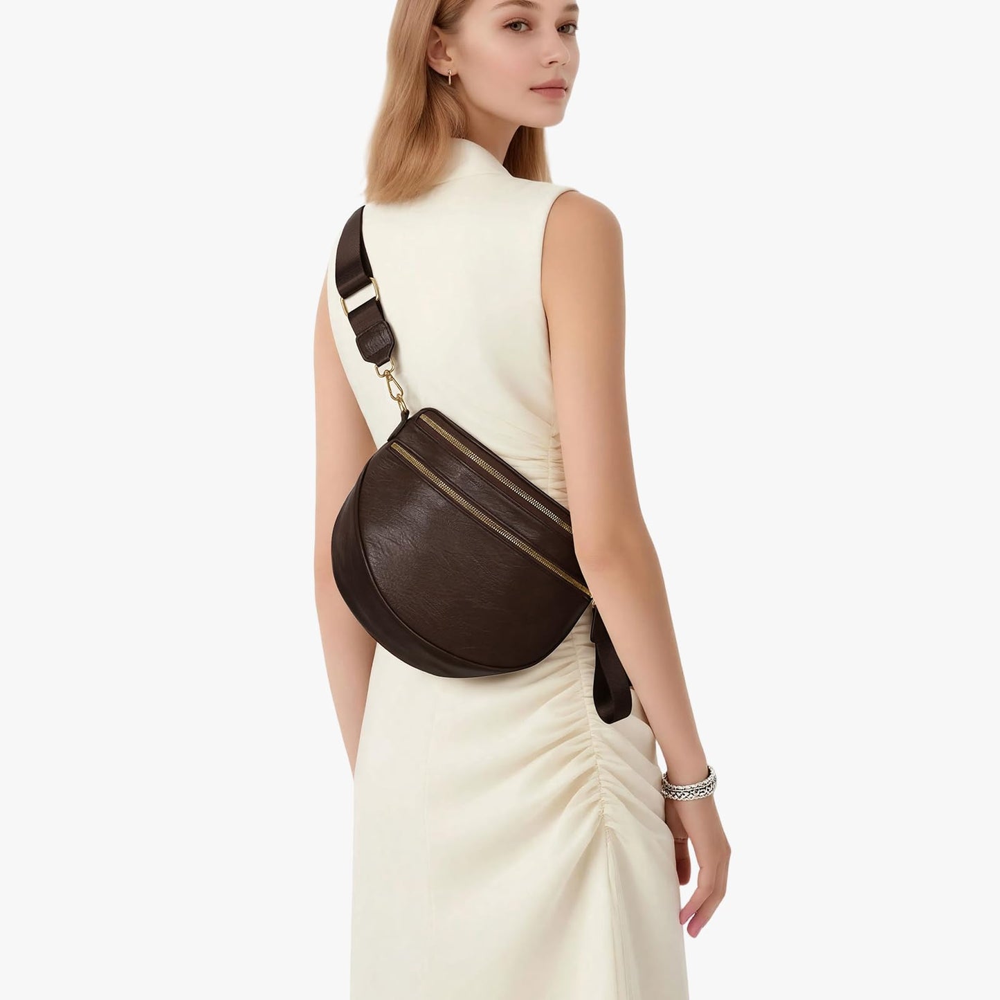 Leather Crossbody Fanny Pack Trendy Bum Bag Double Zip Multi Compartment with 2 Adjustable Straps Daily Belt Purse for Women