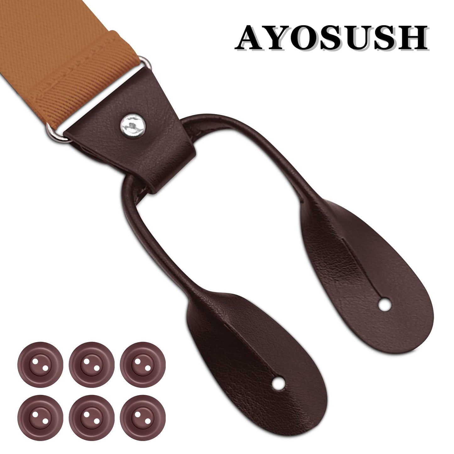 AYOSUSH Button End Suspenders for Men Leather Brown Soild Color Classic Business