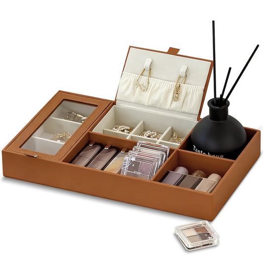 DAJYAWON PU Leather Valet Tray & Nightstand Jewelry Organizer - Multifunctional Catchall Dresser Top Box with Dust-Proof Flip Lid, Ring/Earring Compartments & Open Slots for EDC, Wallet, Keys, Watch