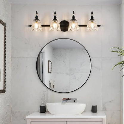 Bathroom Vanity Light, Matte Black 4 Light Vanity Lighting Fixtures, Antique Vanity Light with Flower Glass Shade, Bathroom Lighting Fixture Over Mirror, Sconces Wall Lighting for Hallway