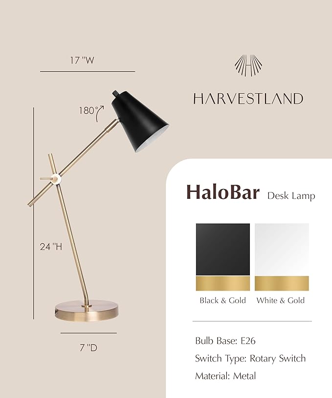 HarvestLand HaloBar Reading Lamp – Black and Brass Desk Lamp, for Home Office, Industrial Table lamp with Solid Base for Study and Reading, Bedside Table and Architect Desk Lamp