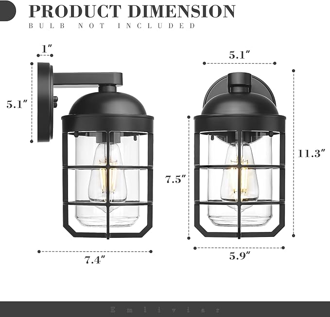 Emliviar 2-Pack Outdoor Exterior Wall Light Fixtures for Porch, 11.3 Inch Black Wall Mount Lantern with E26 Bulb Base, Clear Tempered Glass, GE255BL-2PK BK